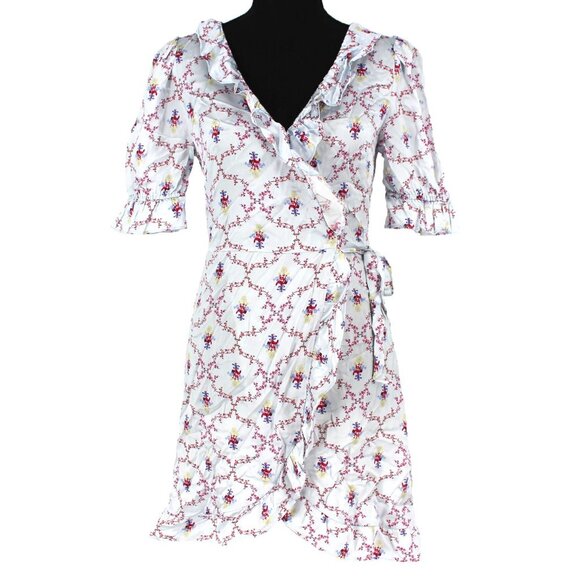 Hill House Home Nima Silk Floral Wrap Silver Mini V-Neck Dress Robe XS X-Small - Picture 3 of 9